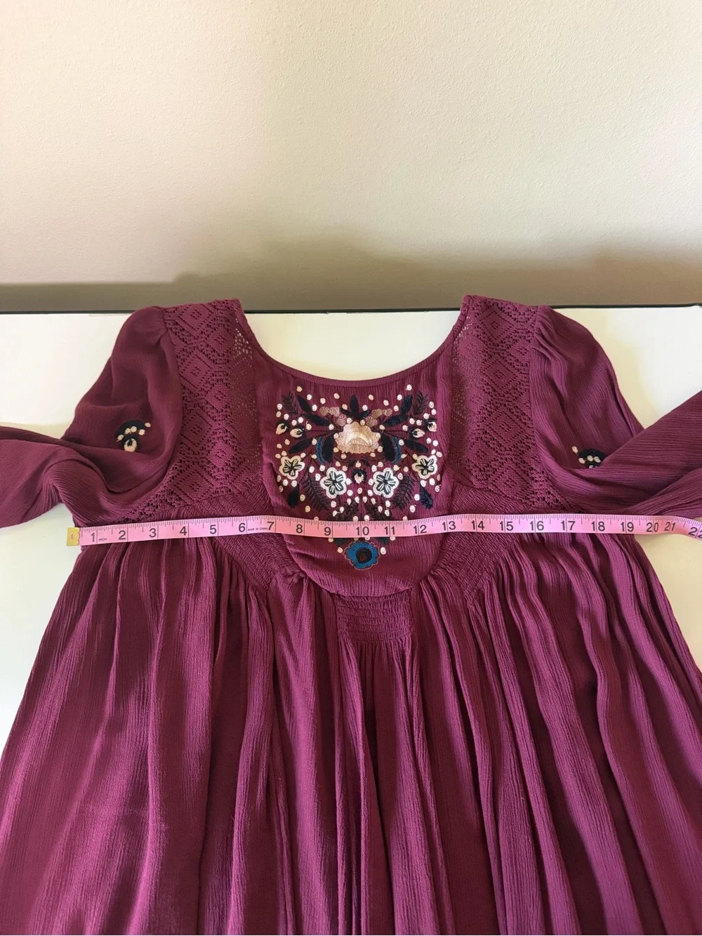 Free People Burgundy Embroidered Long-Sleeve Boho Dress